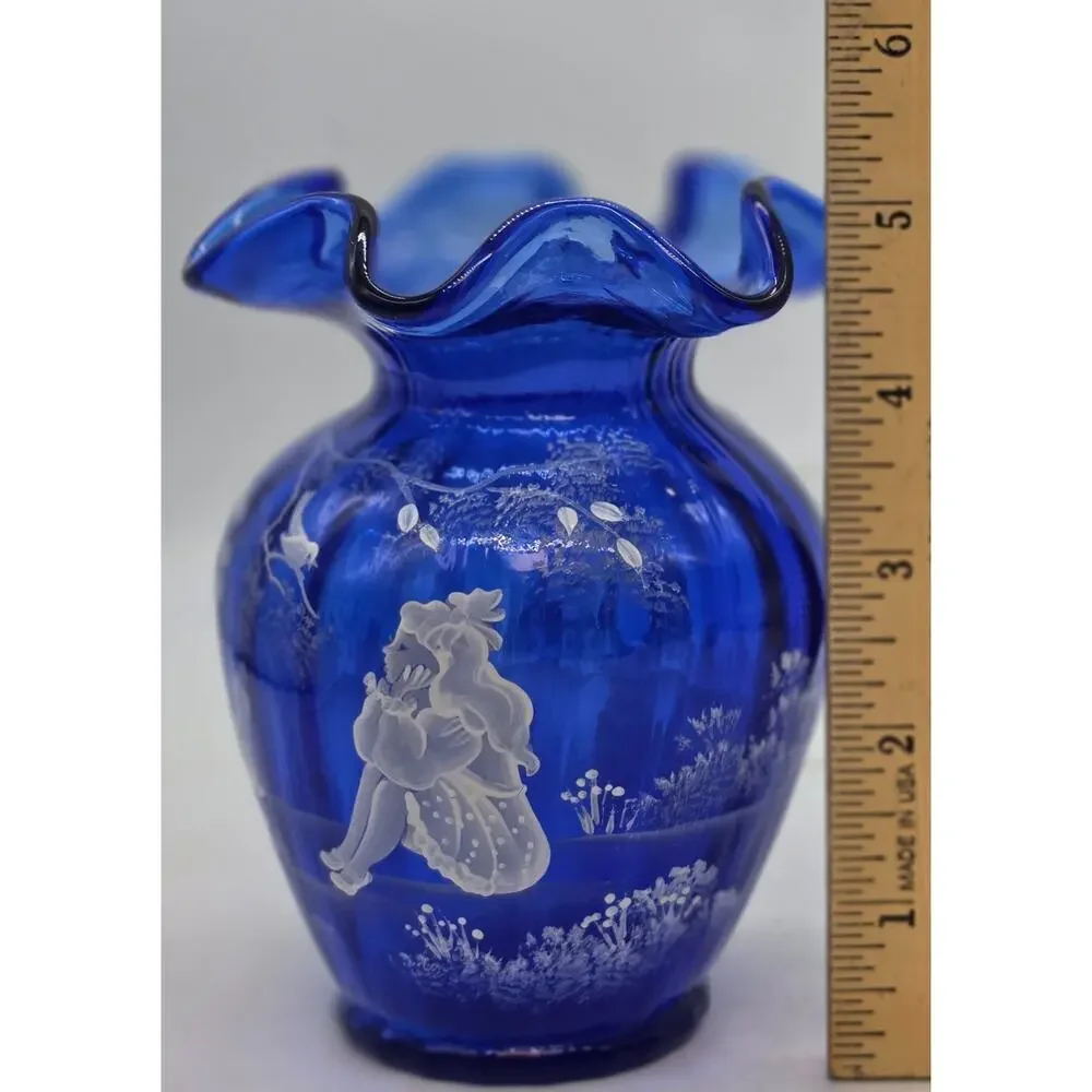 Fenton Blue Mary Gregory Art Glass Vase Hand Painted Signed Sue Jackson